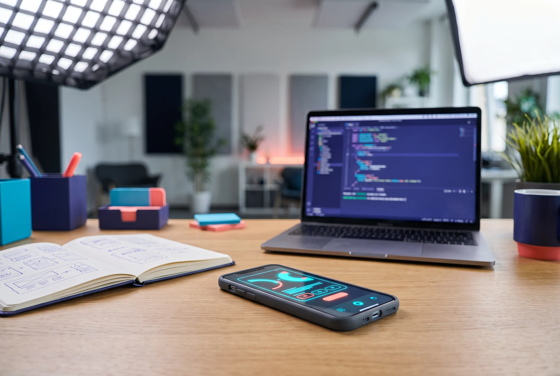 Mobile phone prototype at a development desk