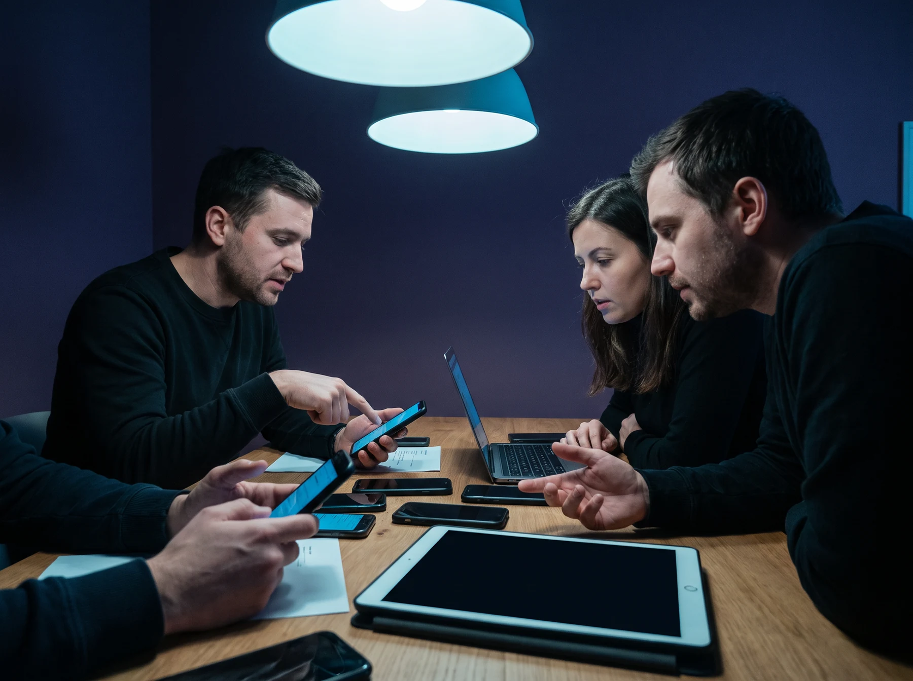 Team reviewing mobile testing setup