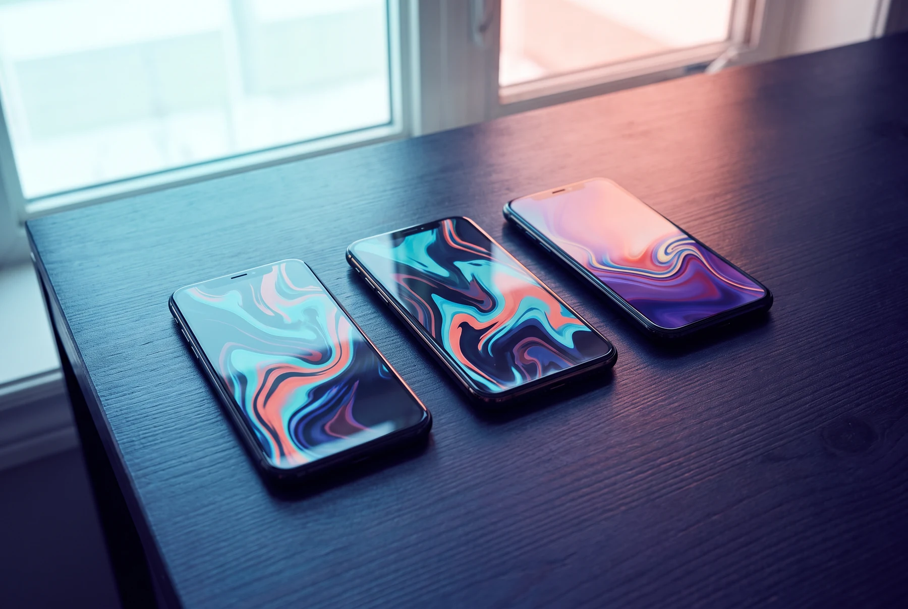 Three mobile phones with abstract screens